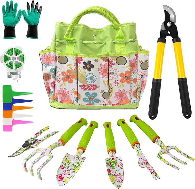 41-Piece Premium Gardening Tool Set Stainless Steel Heavy Duty Gardening Tool Kit with Non-Slip Rubber Grip Storage Tote Bag Outdoor Hand Tools Ideal Gardening Gifts for All (Pink Floral)