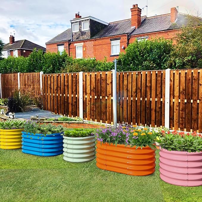 A ANLEOLIFE 5-Pack 18in Tall Kids Mini Raised Garden Beds Outdoor 40x24in Oval &amp 24x24in Round Galvanized Metal Planter Box for Planting Vegetables Flowers Fruits Eco-Safe &amp Easy Setup
