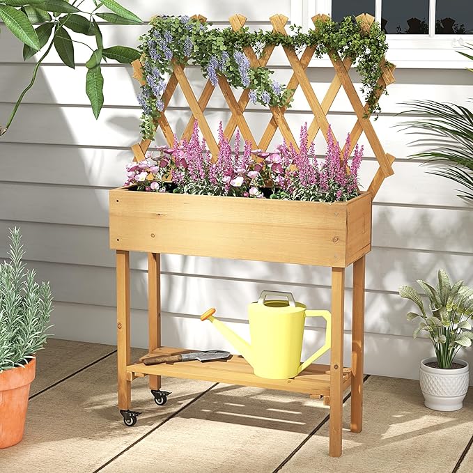 Raised Garden Bed with Trellis Fir Wood Elevated Planter Bed with Legs 2 Lockable Wheels &amp Storage Shelf Wooden Planter Box Raised Bed for Gardening Backyard Balcony &amp Greenhouse