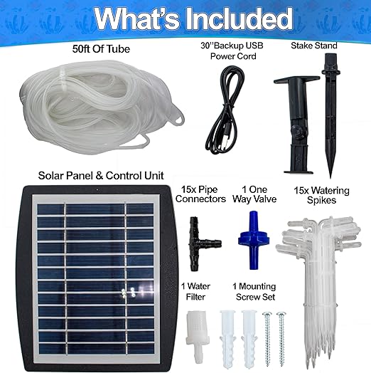 Solar Self Watering Plant Drip Irrigation System for 15 Plants Multiple Automatic Control Modes - Portable DIY Kit for Indoor/Outdoor Gardens Patios Balconies and Vacation Plant Care