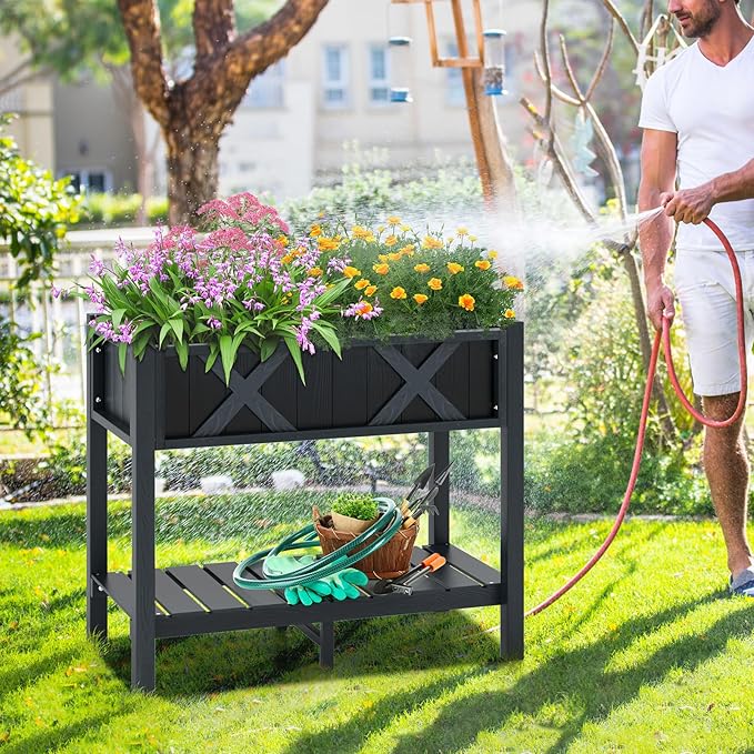 Giantex HIPS Raised Garden Bed Elevated Planter Box w/Legs Storage Shelf Drainage Holes Weather-Proof Standing Raised Beds for Backyard Balcony Flower Vegetable (Black 34 x 18 x 29)