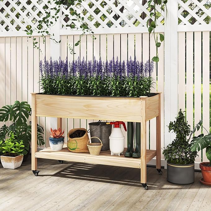 Raised Garden Bed with Legs Wood Raised Planter w/Lockable Wheels Drainage Holes &amp Storage Shelf Planter Box for Flowers Herbs Outdoor Balcony Backyard Natural 47 L x 23 W x 33 H