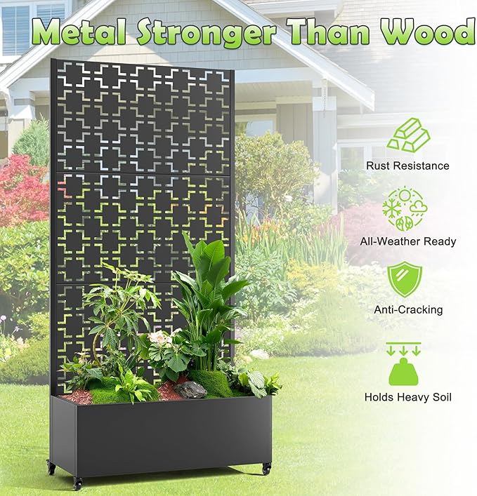 15.7×70.9×35.4 Metal Raised Garden Bed with Trellis and Wheels - Tall Trellis Planter Box for Climbing Plants Vegetables &amp Vines - Outdoor Privacy Planters for Patio (Black-Square)