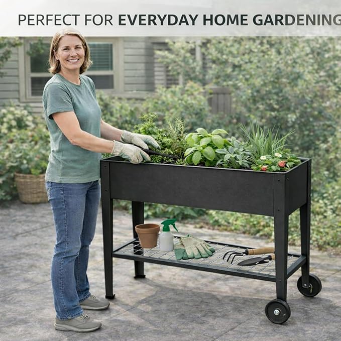 InSideOut Elevated 40 Raised Garden Bed Outdoor with Wheels &amp Shelf for Mobility Metal Planter Box for Vegetables/Herbs Patio-Balcony-Backyard (Charcoal)