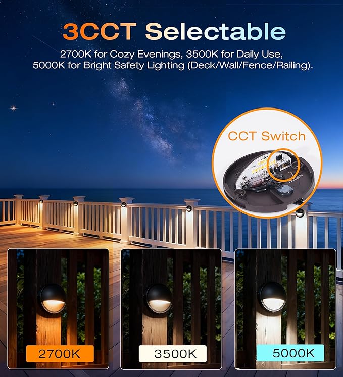 CLOUDY BAY [12 Pack] 3CCT Low Voltage LED Deck Lights Outdoor2700K/3500K/5000K SelectableLandscape Step Stair Railing Fence Light Wired3W12V-24V AC/DC Deck Lighting Fixtures