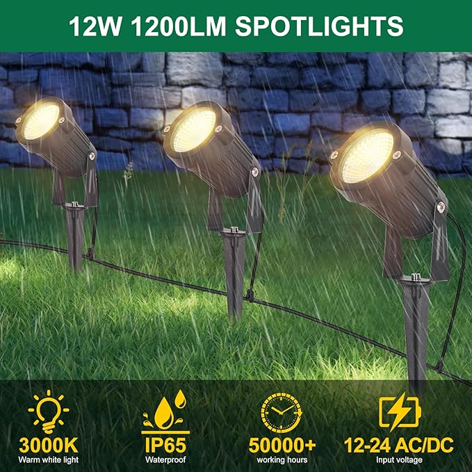 12W Low Voltage Landscape Lights LED Landscape Lighting with Connectors and Spike Stand 12V 24V Outdoor Spotlights Yard Garden Pathway Lights 1200LM Waterproof Warm White Light (16Pack)