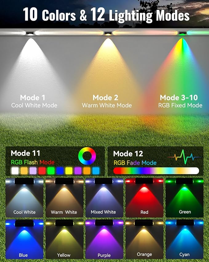 Solar Fence Lights Outdoor 6 Pack Deck Lights with 12 Mode RGB Color Changing Warm/Cool White IP65 Waterproof Dusk to Dawn Solar Light for Fence Wall Patio Step Backyard Outside