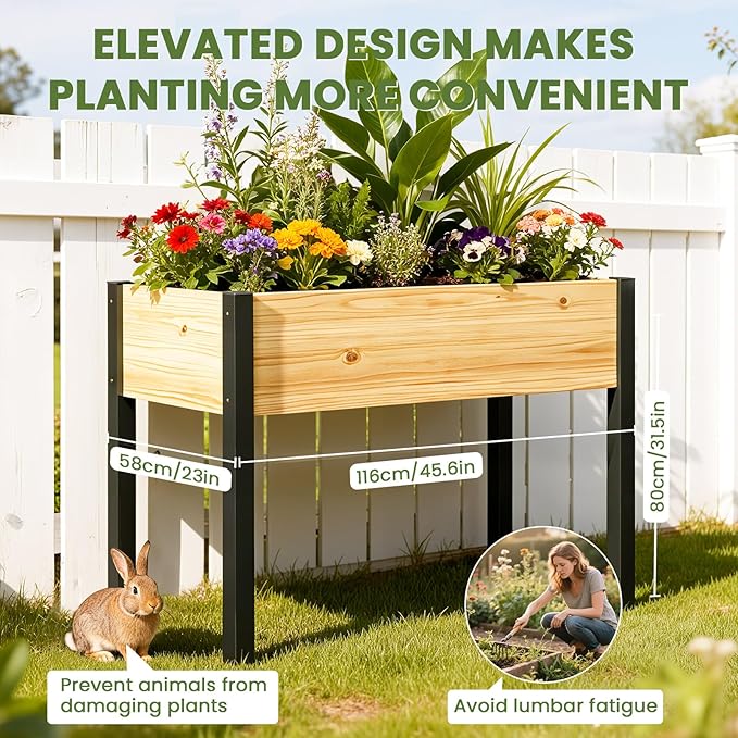 SUNYRISY Wooden Raised Garden Bed Outdoor with Metal Legs for Gardening 45.6 L x 23.6 W x 31.5 H Elevated Planter Garden Box Raised Bed for Vegetable Flower Herb