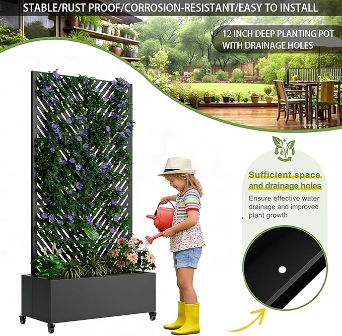 Sturdy 47x16x73 Inch Galvanized Steel Raised Garden Bed with Trellis Metal Planter Box on Wheels for Patio Privacy Screen 12 Inch Deep Root Mobile Vertical Garden Planter for Climbing Plants (M3)