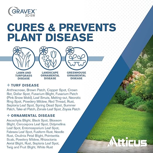 Atticus Gravex 20EW Fungicide (16 oz) - Myclobutanil 19.7% - Systemic Fungus Control for Lawns Landscapes &amp Greenhouses - Brown Patch Anthracnose Powdery Mildew Scab Rust Red Thread Black