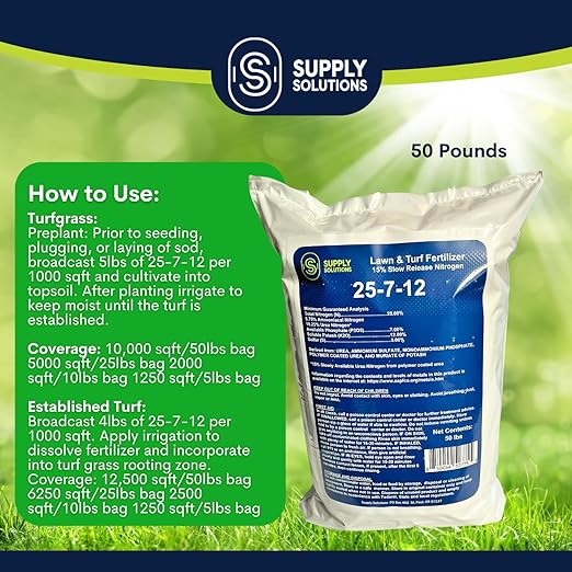 Supply Solutions 25-7-12 Lawn and Turf Fertilizer - 15% Slow Release Nitrogen Lawn Fertilizer for All Grass Types Shrubs - Turf Builder Plant Food Covers 12500 sq.ft (50lbs)