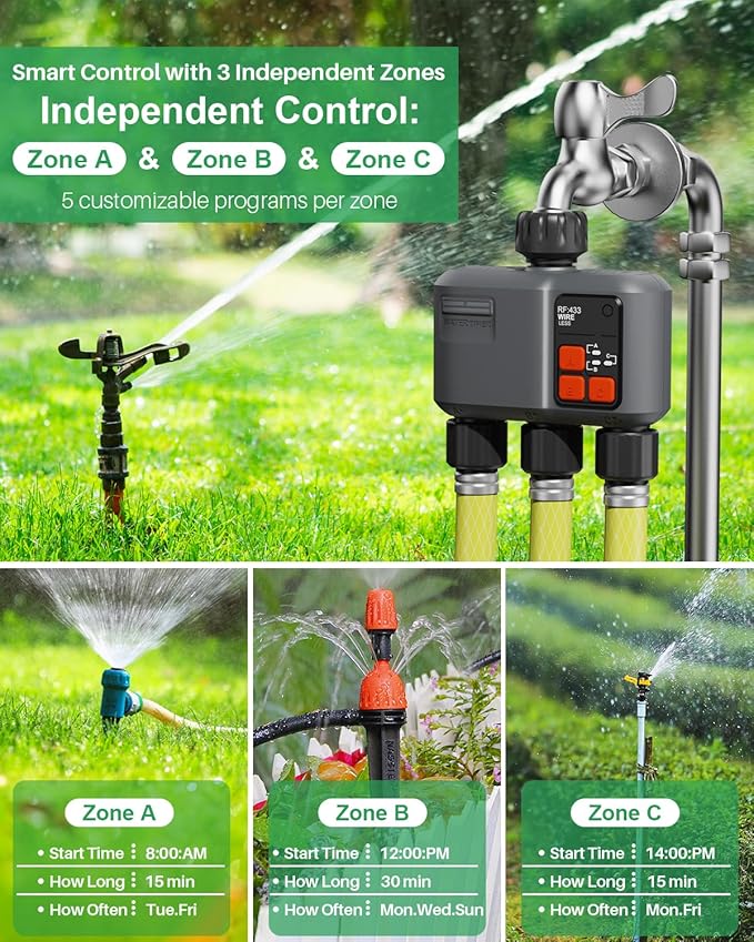 WiFi Sprinkler Timer 3 Zone with 984 Feet RF Gateway 3 Outlet Smart Water Timer for Garden Hose with Rain Delay/Manual/AutomaticWiFi Water Hose Timers for Garden &amp Lawns