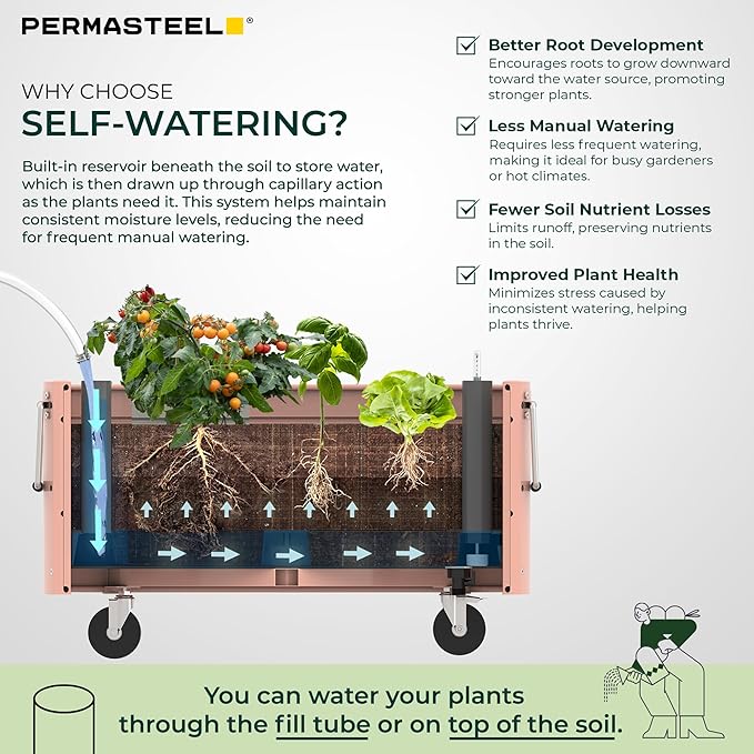 Permasteel Self-Watering Garden Bed Rolling Planter for Vegetables Flowers Herbs and Fruit Outdoor Indoor Caster Wheels Pink