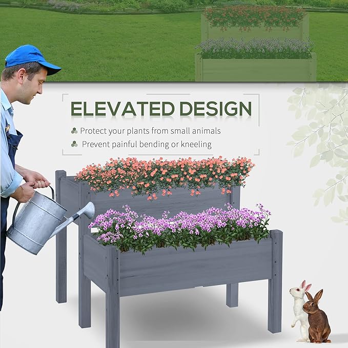 34x34x28 Raised Garden Bed 2-Tier Elevated Wood Planter Box for Backyard Patio to Grow Vegetables Herbs and Flowers Gray