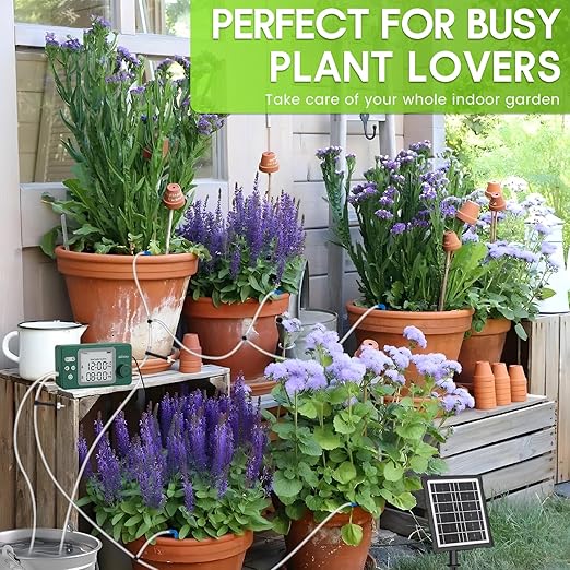Solar Powered Dual Pump Drip Irrigation Kit for Outdoor Indoor Plants 2-Zone Smart Self-Watering System with USB Charging Automatic Plant Waterer for Garden Patio Balcony Vacation