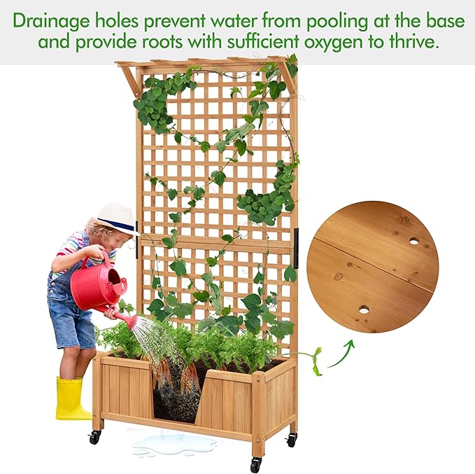 Yaheetech 72 H Garden Planter with Trellis for Vine Climbing Horticultural Plants Yard Box Outdoor w/Drainage Holes Garden Planter Bed for Flowers Herbs Light Brown