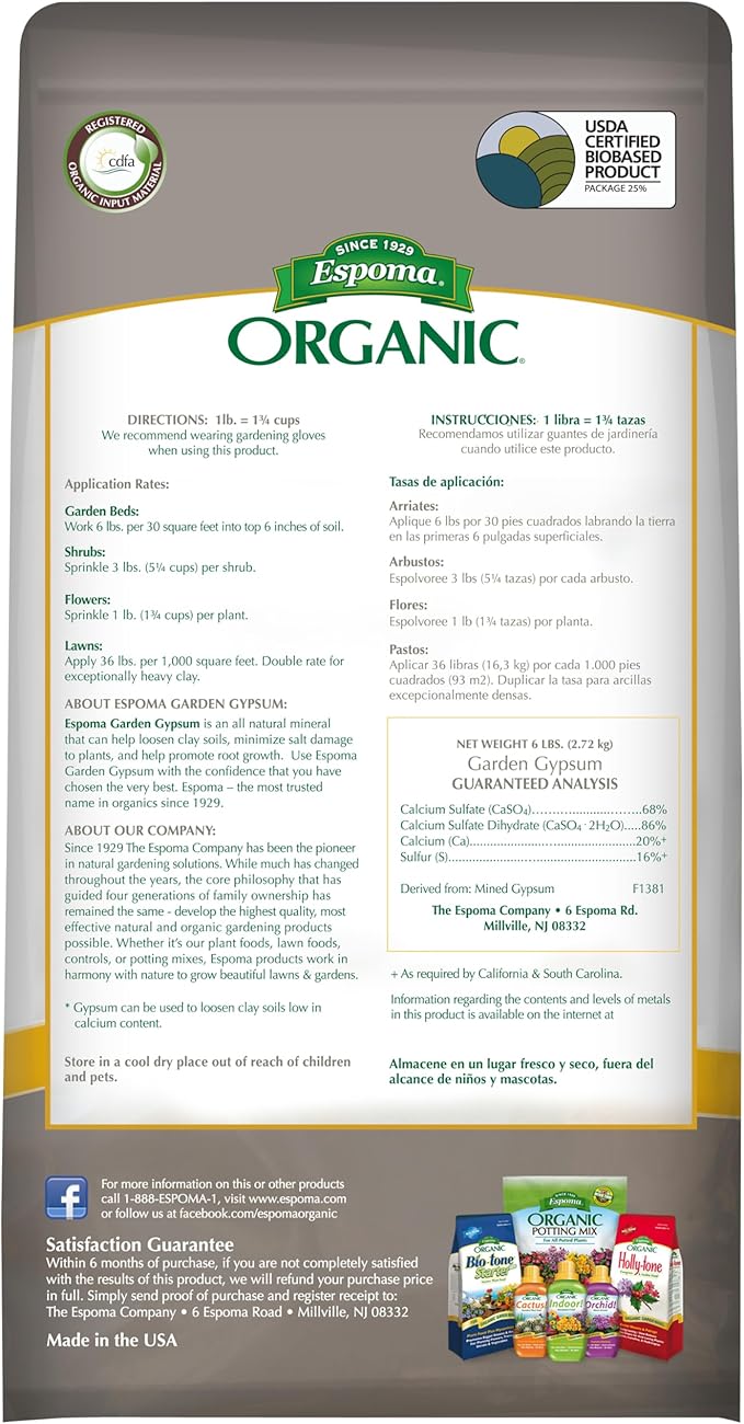 Espoma Organic Garden Gypsum Soil Conditioner All-Natural &amp pelletized mined Gypsum with no fillers or additives. Helps Loosen Clay Soil 6 lb. Bag Pack of Two