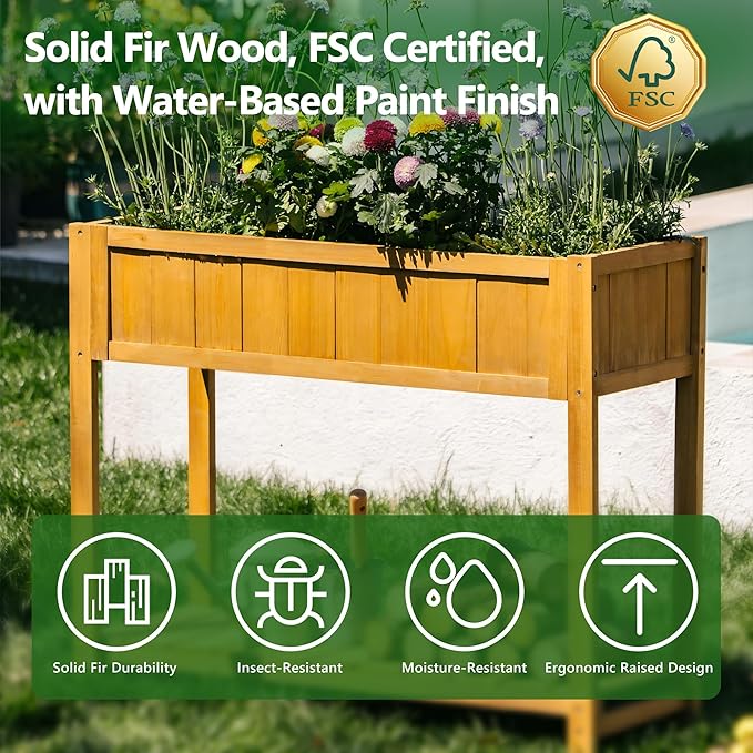 Premium Fir Wooden Raised Garden Bed with Four Legs for Backyard and Balcony GardeningSuitable for Indoor and Outdoor useBottom with Storage Rack35.04''×13''×29.92''