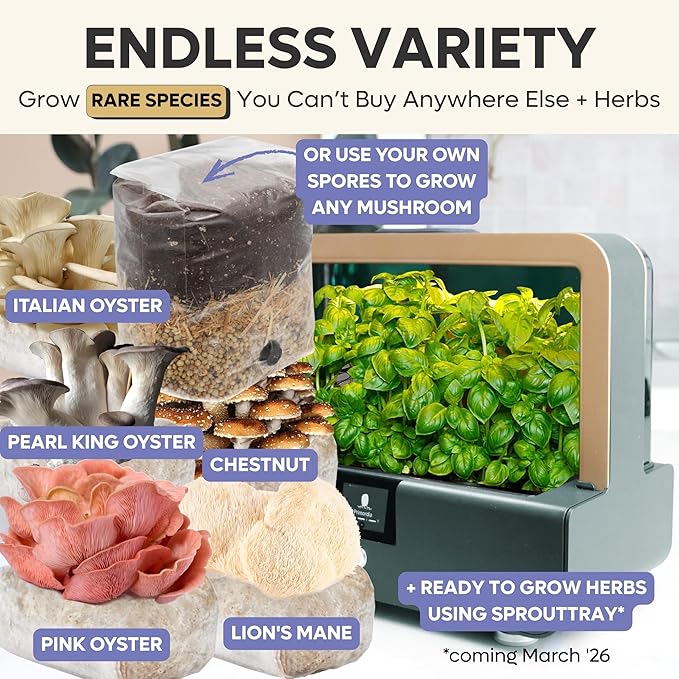 Smart Mushroom Growing Kit – Harvest in 7 Days | Grow Lion’s Mane Reishi &amp Rare Mushrooms You Can't Buy Anywhere Else | AI-Powered Humidity O2 and Lighting + Timelapse Camera | Matte Black