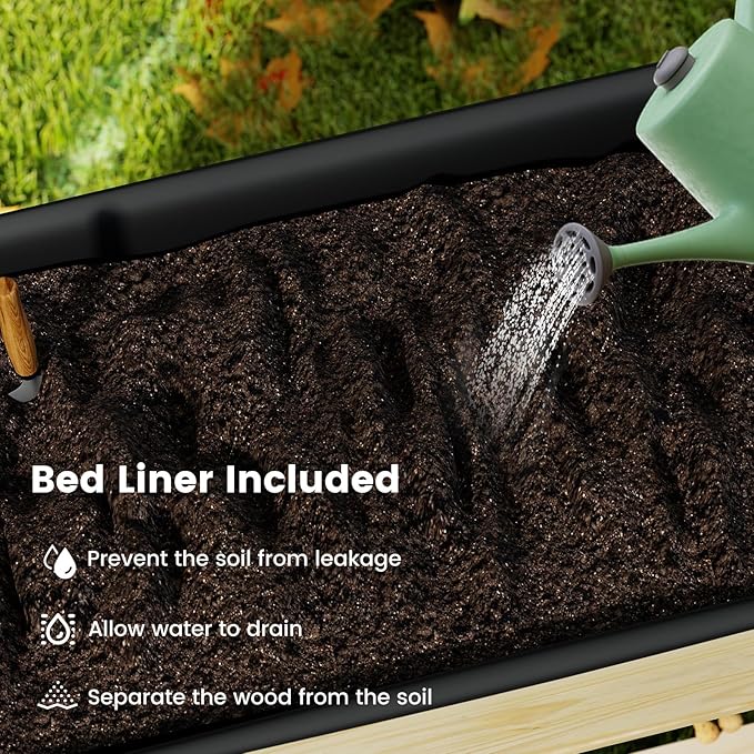 S AFSTAR 2 Pieces Wooden Raised Garden Bed with Wheels Elevated Planter Box with Legs Storage Shelf Liner &amp Drainage Holes Indoor Outdoor Patio Gardening Box for Vegetable Flower &amp Herb