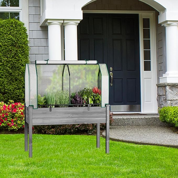 Raised Garden Bed with Greenhouse Cover Elevated Wooden Planter Box Outdoor Gardening Planting Bed for Vegetables Flowers &amp Herbs Grow Backyard Patio Lawn (White+Gray)