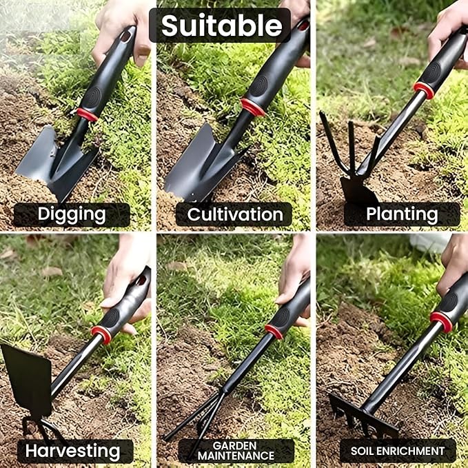 4 Pcs Garden Tools Set (Five Tooth Rake 2 Shovel and Two Headed Hoe) Terrace Balcony Gardening Accessories Kit for Home Garden Essential Farming