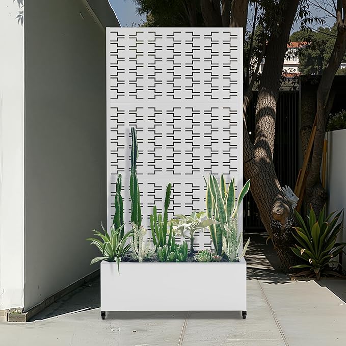 Planter Box with Trellis and Wheels Metal Privacy Screen with Garden Beds Outdoor for Climbing Plants Standing Planter Boxes with Drainage Holes (35 L×16 W×71 H White Rectangle)