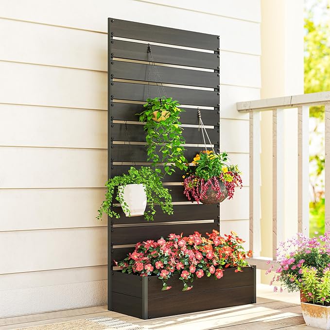 Outsunny Raised Garden Bed with Trellis for Climbing Plants Planter Box with Self Draining Gap Freestanding Trellis Planter for Outdoor Patio Deck 35.75 x 15 x 70.75 Black