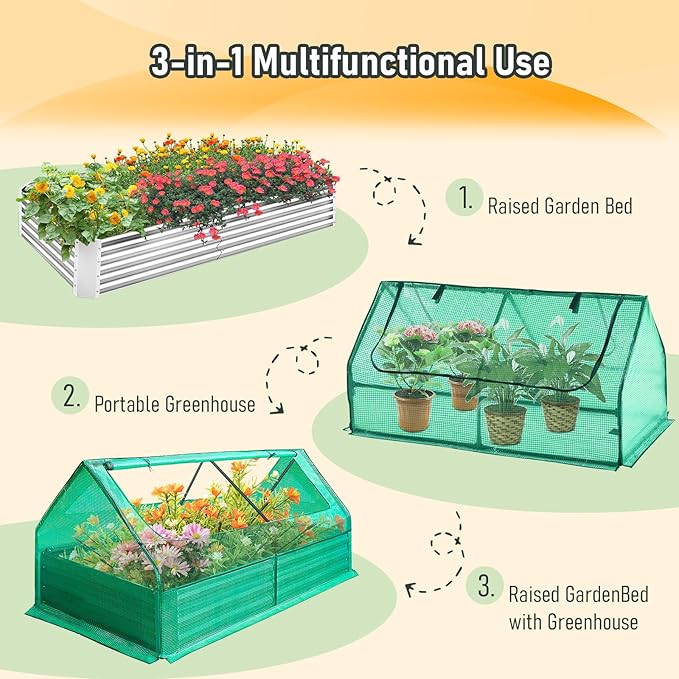 Galvanized Raised Garden Bed Kit 6×3×1ft Planter Box for Outdoor Gardening and Planting Mini Greenhouses with 2 Large Zipper Windows for Vegetables Herb Fruits Flower Silver