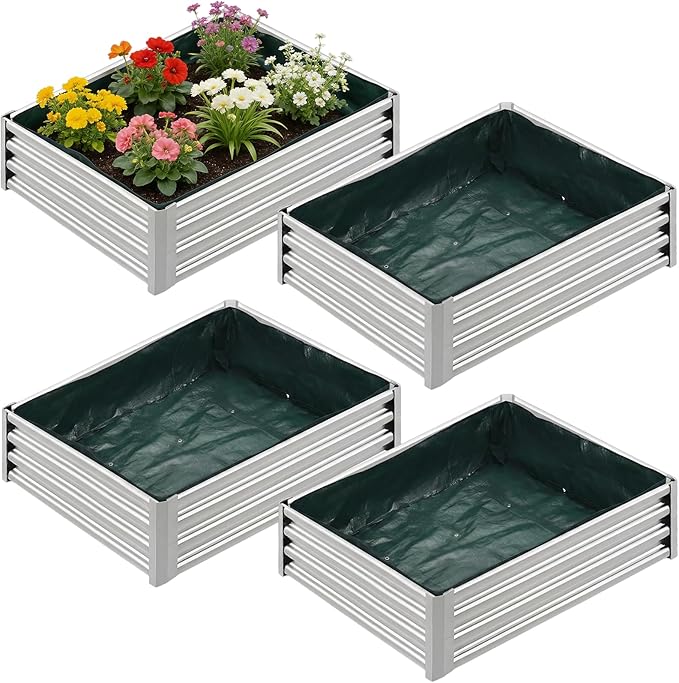 4 Pack 3 x 3 x 0.8 ft Square Fabric Galvanized Raised Garden Bed Liner Raised Garden Bed Liner Bag with Drainage Holes Heavy Duty Planter Pots Gardens Box for Outdoor Vegetables Growth