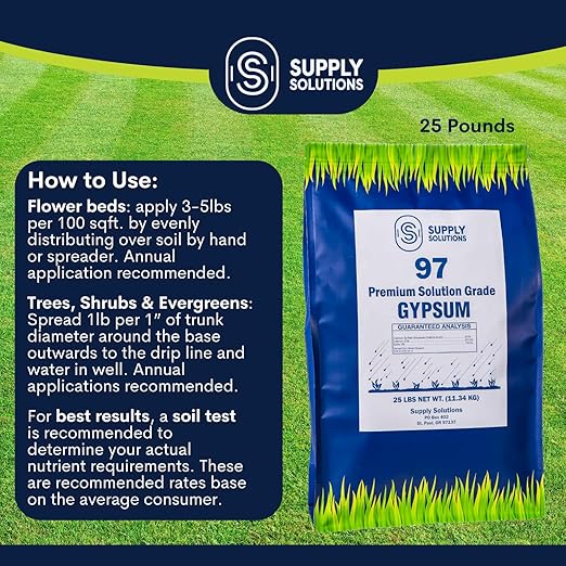 Supply Solutions Premium 97 Solution Grade Gypsum - Fast Acting Gypsum for Soil - Organic Calcium Sulfate Dihydrate - Gypsum Powder for Root Growth Lawns Mushroom Cultivation (25lbs)
