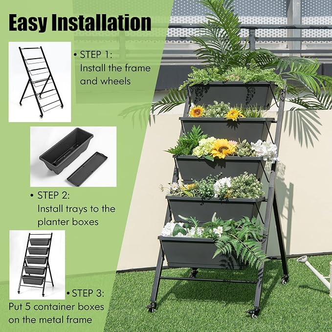 Vertical Garden Bed with Wheels 5 Tier Raised Garden Bed w/Removable Planter Boxes Lockable Wheels Drainage Holes Rolling Vertical Planter for Herb Vegetable Flower Outdoor Patio Balcony
