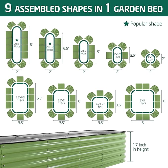 VASGOR 17 Tall Metal Raised Garden Bed 9-in-1 Modular Design 8ft x 2ft Aluzinc Planter Box for Vegetables Herbs &amp Flowers Heavy-Duty Anti-Rust Open-Bottom Raised Beds for Gardening (Olive Gre