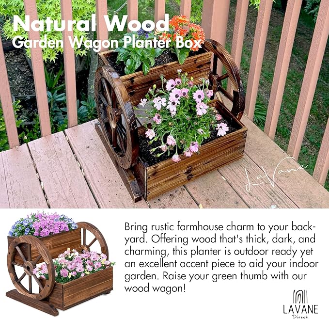 La Vane Wood Wagon Planter Box Wooden Rustic Garden Flower Planter Pot Stand DIY Rolling Cart Wheelbarrow Raised Bed with Wheels &amp Drainage Hole for Indoor Outdoor Décor Patio Balcony Backyard