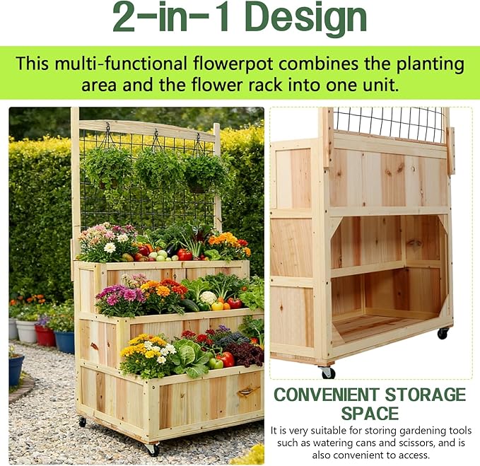 3-Tiers Raised Garden Bed with Trellis 53 H Vertical Planter Box with Wheels &amp Back Storage Area for Flowers Vegetables Herbs Natural (31 L x 24 W x 53 H)