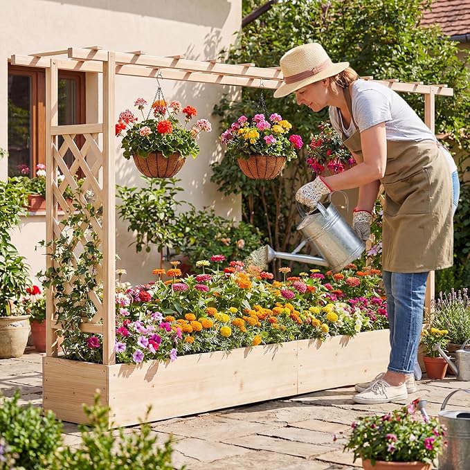 BECOMFORT Raised Garden Bed with Trellis &amp Hanging Roof 45 Tall Fir Wood Planter Box with Drainage Holes Outdoor Elevated Garden Planter for Climbing Vines Perfect for Patio Lawn &amp Backya