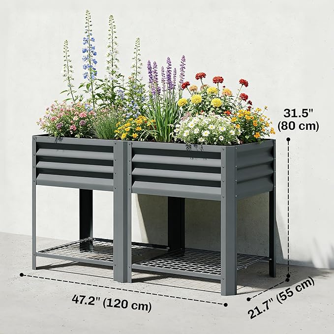 Outsunny Galvanized Steel Raised Garden Bed with Storage Shelf and Bed Liner Elevated Planter Box with Legs for Flowers Vegetables and Herbs for Outdoor Patio Yard Glove Included Dark Gray