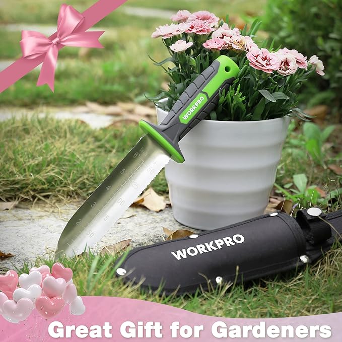 WORKPRO 5PCS Garden Tool Set with Hori Hori Garden Knife Set Gardening Tool Set with Repotting Mat 7 Stainless Steel Blade with Cutting Edge Ideal Gardening Gift