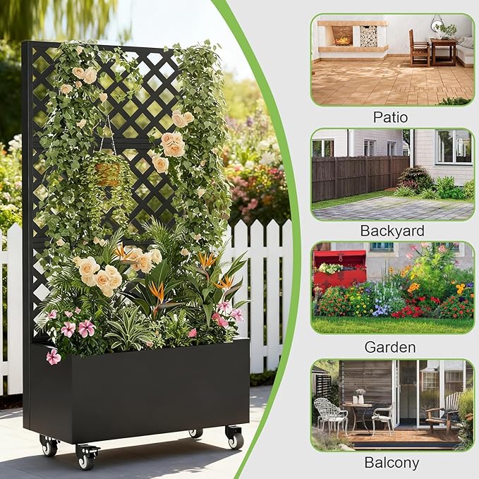 72 Metal Planter Box with Trellis Tall Outdoor Planter Box Raised Garden Bed on Wheels for Climbing Plants Outdoor Flower Planter with Drainage &amp Lockable Casters