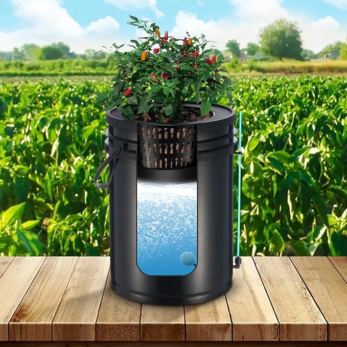 DWC Hydroponics Grow SystemHydroponic Growing System with Top Drip Kit5-Gallon Deep Water Culture with Air PumpAir Stone and Water Level Device for Leafy Vegetables(1 Bucket+Top Drip Kit)
