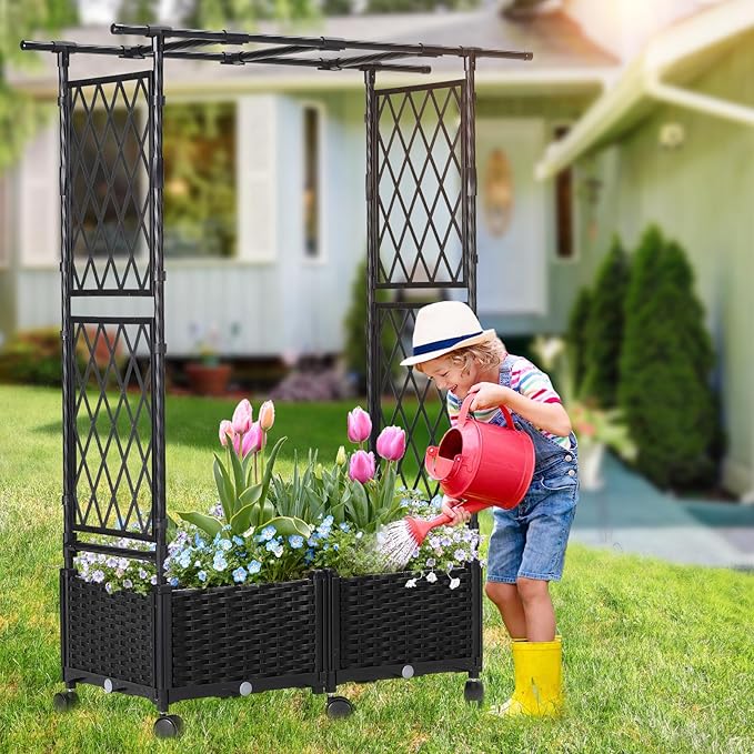 Lalahoni Planter with Trellis 4.5ft Trellis Planter Self-watering Box with Wheels for Outdoor Plants Tomato Flower Vegetable Herb Vine Garden Patio Plastic Raised Bed Trellis with Drainage Hole 1PC