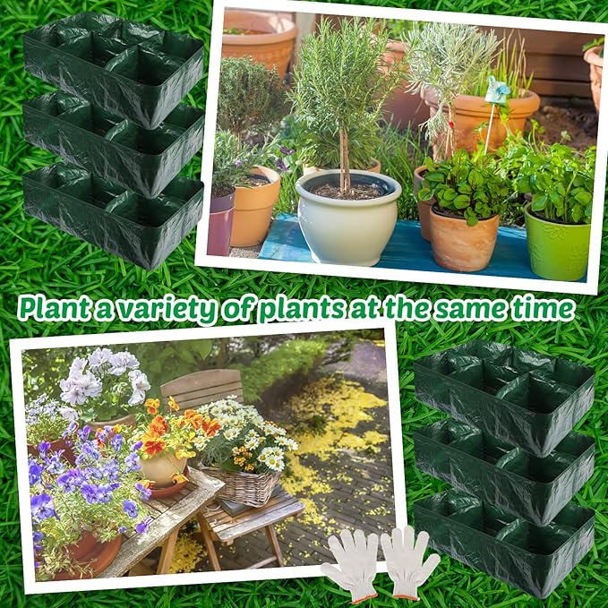 Gerrii 6 Pack 35 Gallon Fabric Raised Garden Beds Rectangle Garden Planting Bed with 6 Divided Grids Drainage Holes 4 Pcs Warehouse Gloves for Vegetables Flowers Tomatoes Herb(Polypropylene Cotton)