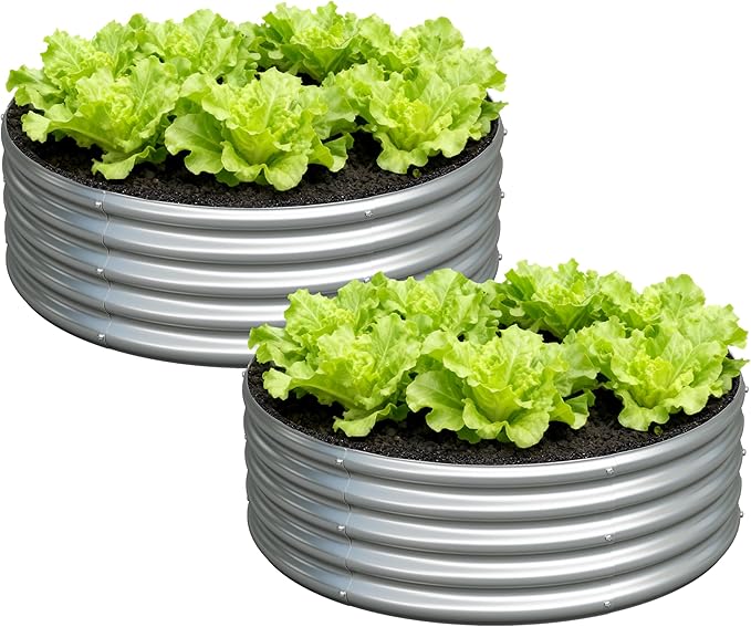 3x3x1ft(2 Pack) Galvanized Round Raised Garden BedOutdoor Planter Box Metal Patio Kit Planting Bed for Vegetables Flowers HerbSilver