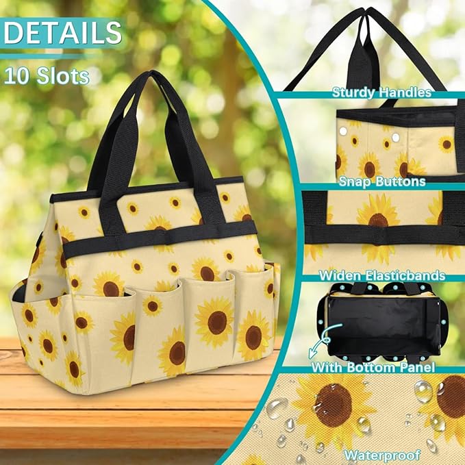 Sunflower Gardening Tool BagHeavy Duty Garden Tote BagPortable Oxford Gardening Storage Basket Organizer Handbag with Pockets HandleHand Tools Gifts for Outdoor Garden Lawn Yard