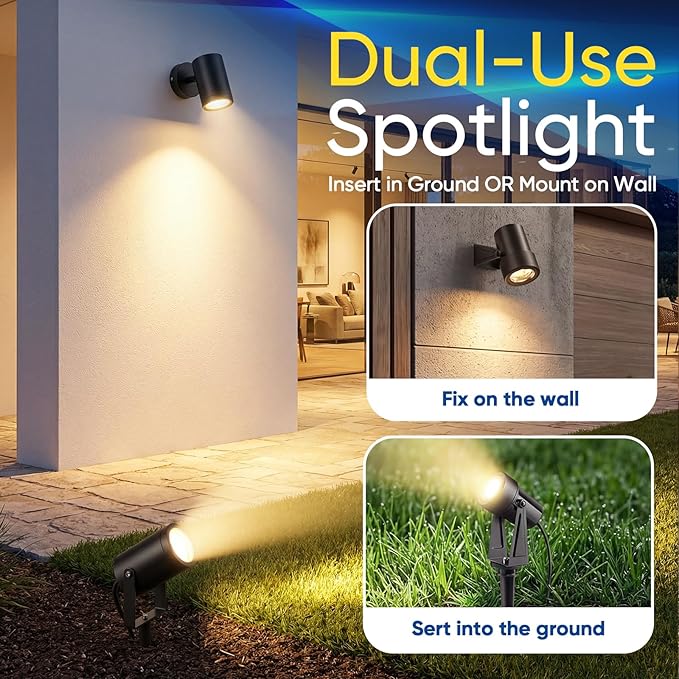 6W Low Voltage Landscape Spot Lights 12V/24V 3000K Warm White IP65 Waterproof Outdoor Uplights with Connectors 600LM Aluminum LED Garden Path Tree Wall Lighting 4 Pack