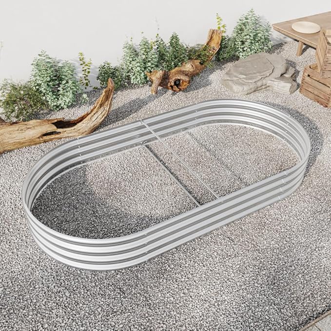 LICOME Large Raised Garden Bed Galvanized Metal Planter Box Outdoor 70.8 x 35.4 Oval Garden Beds Easy Assembly Raised Beds for Gardening (Silver + 88.99 x 44.68 x 11.42 inches)