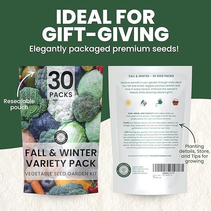 Fall &amp Winter Seed Variety Pack | 30 Invidiual Packs | 2026 Season | Non-GMO | Beets Arugula Carrots Lettuce &amp More! | for Planting Indoor &amp Outdoor | by Family Sown