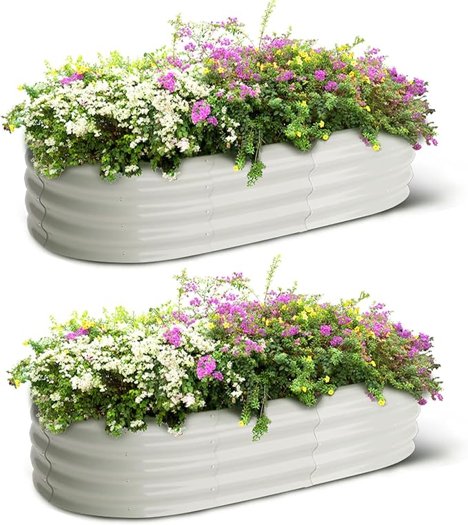 2-Pack Oval Raised Garden Bed 4.5x2x1.5FT Beige Galvanized Metal for Outdoor Vegetables