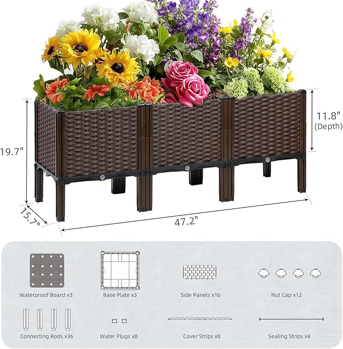 Rattan Raised Garden Bed with Legs-Rectangular Elevated Deep Planters for Outdoor Plants Self Watering Planter Box 47L x 16W x 20H Rectangular Deep Garden Bed for Vegetables Flowers Herbs