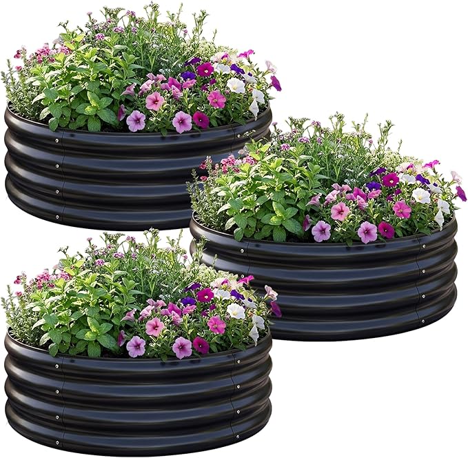 AHEONLAR 3 Pack 2x2x1 ft Round Galvanized Raised Garden Bed Kit Round Metal Flower Box Large Planter Raised Beds Outdoor Garden for PlantingFruitHerb Black
